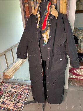 J. Peterman duster , classic style , black heavy canvas and corduroy collar.